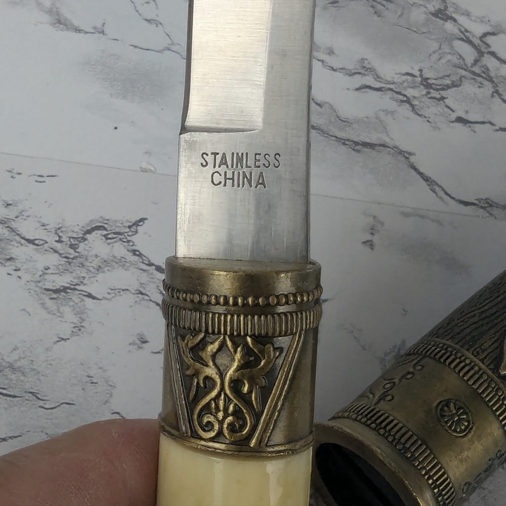 Oriental Looking Knife With Blade Sheath Vintage Marble Looking Handle 9" - Picture 10 of 13